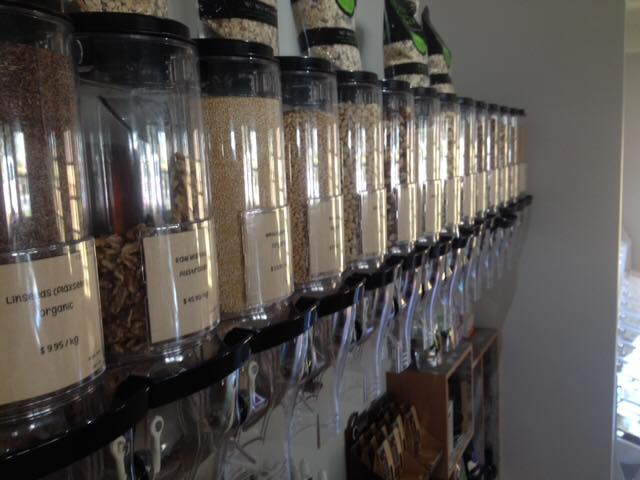 The nut wall at Wholesome Wholefoods.