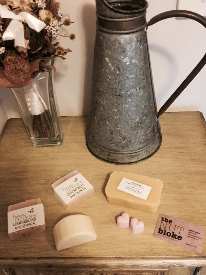 Beeswax, soaps, a shampoo bar, and soy scents purchased from the Yarragon Craft and Produce Market.