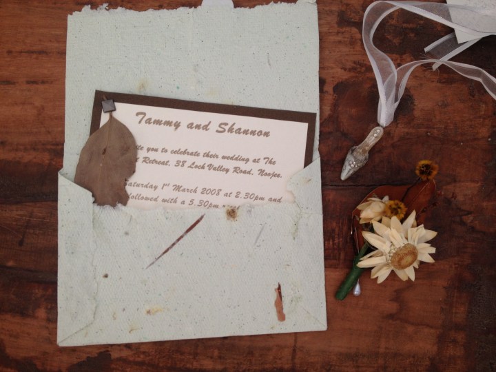Our handmade wedding invitations. I made the paper for all the envelops.