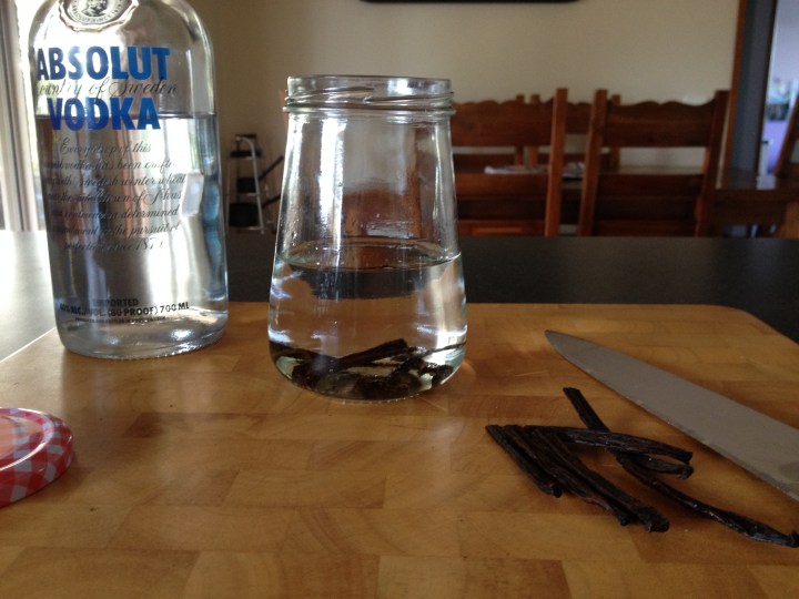 Homemade vanilla extract using vodka and vanilla beans.
