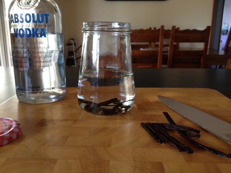 Homemade vanilla extract using vodka and vanilla beans.