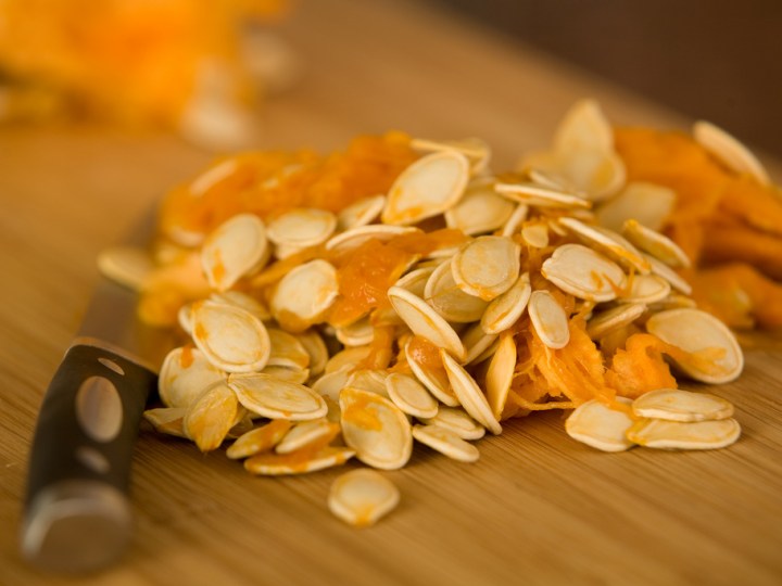 Pumpkin seeds saved and ready to be toasted in the oven.