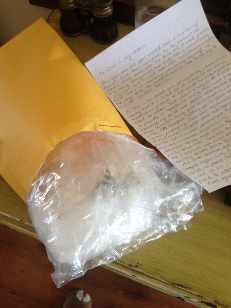 Plastic waste with letter of explanation and suggestions for improvement being mailed to Cricket Australia.