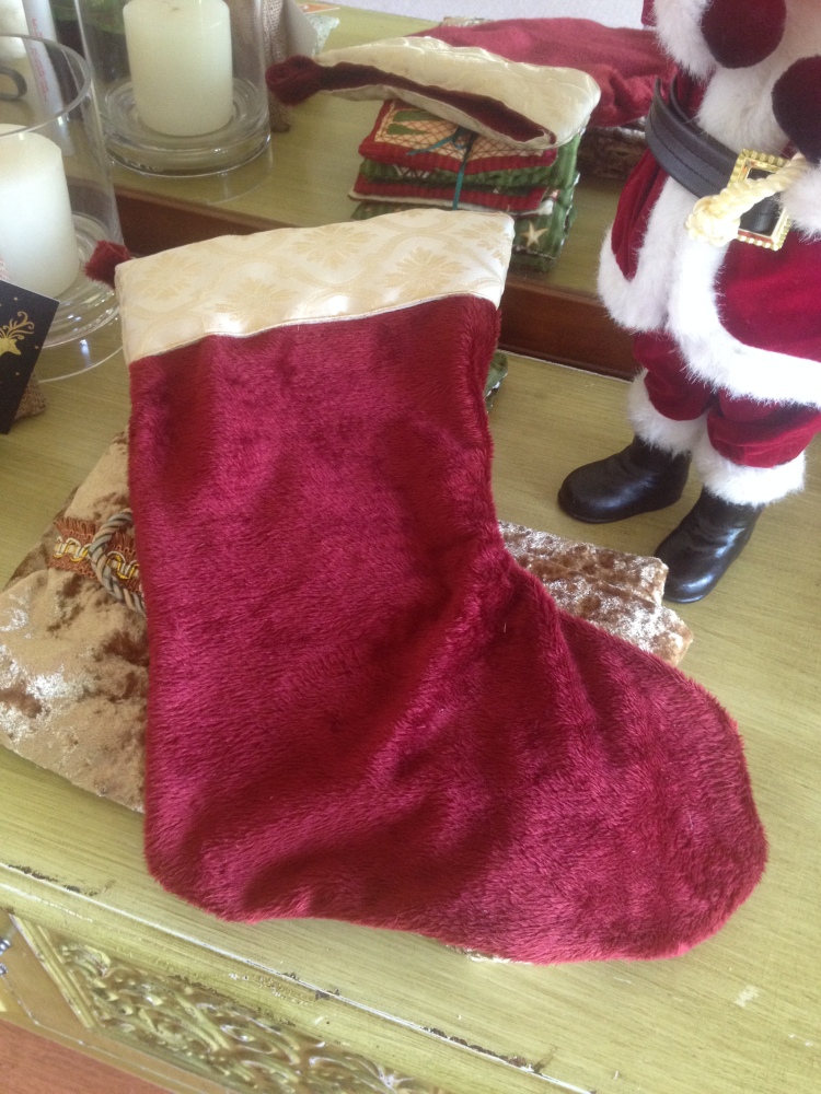 Homemade Christmas stocking made from upcycled material.